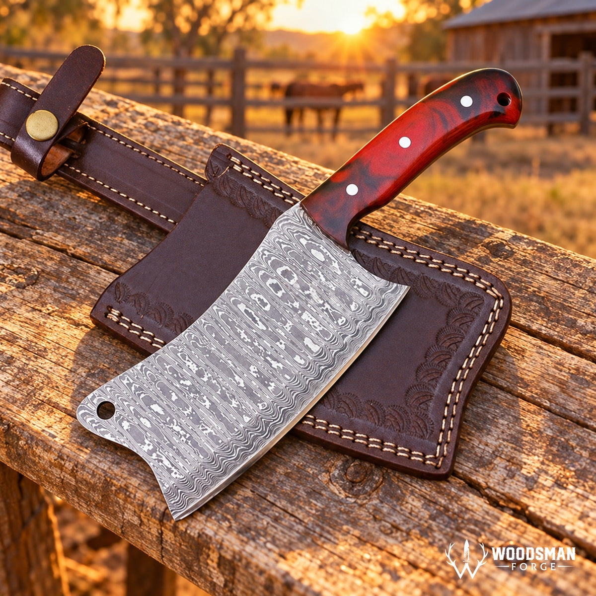 Chromaforge Embercrest Handmade Damascus Kitchen Cleaver – Acrylic Handle