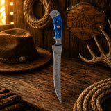 Blue Mesa Damascus Steel Fillet Knife – Resin Handle & Leather Sheath