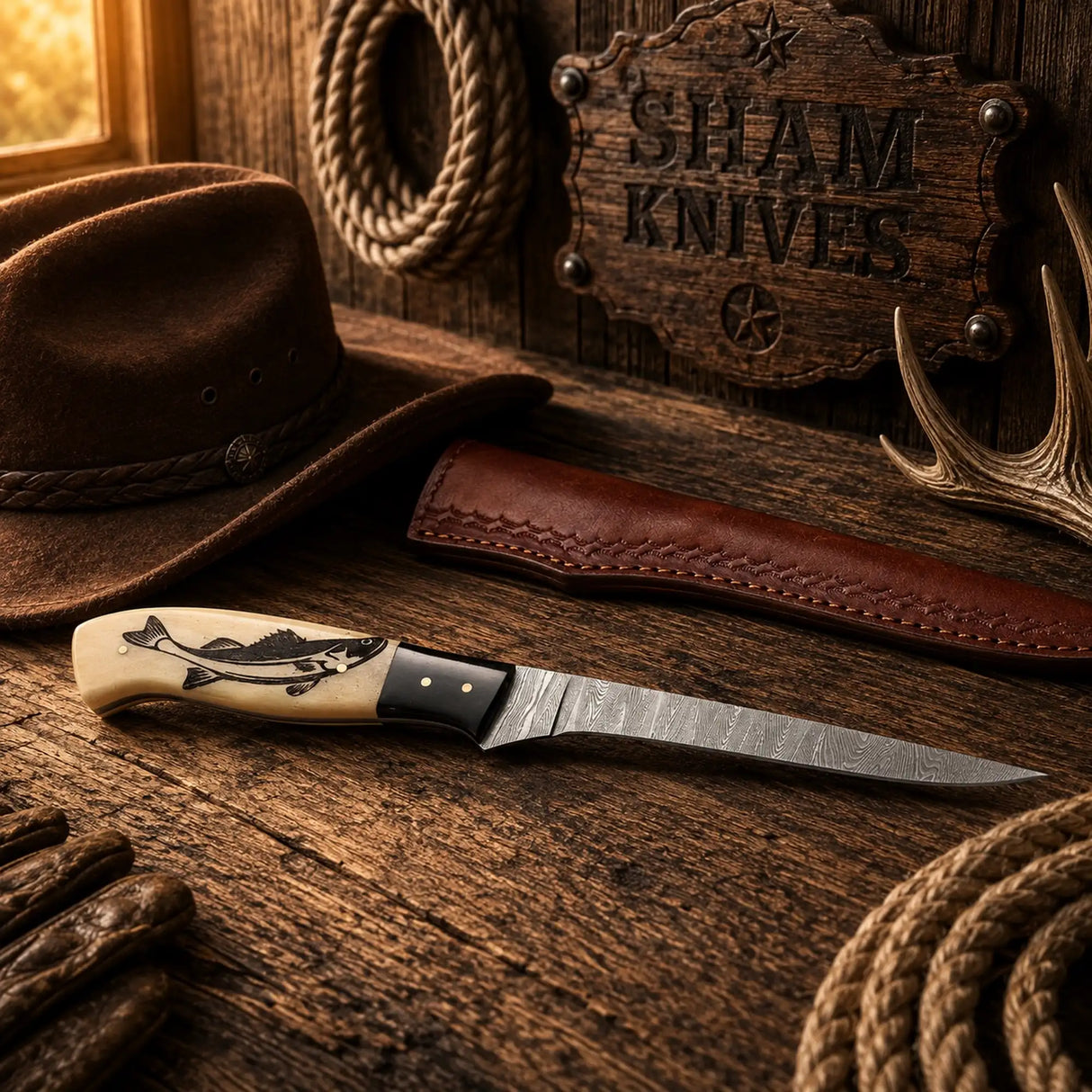 Damascus Steel Fillet Knife – Engraved Bone Handle Personalized Fishing Knife