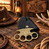 Hand-Tooled Western Engraved Brass Grip with Leather Storage Sheath