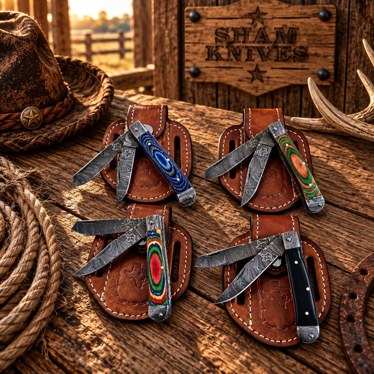 Exotic Wood Damascus Double-Blade Trapper Folding Knife Set with Sheaths