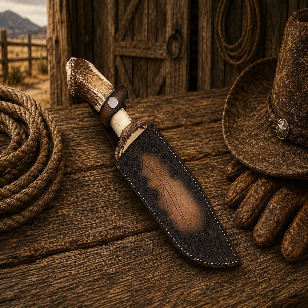 Frontier Hunter Bowie Knife – D2 Acid Etched Antler Handle
