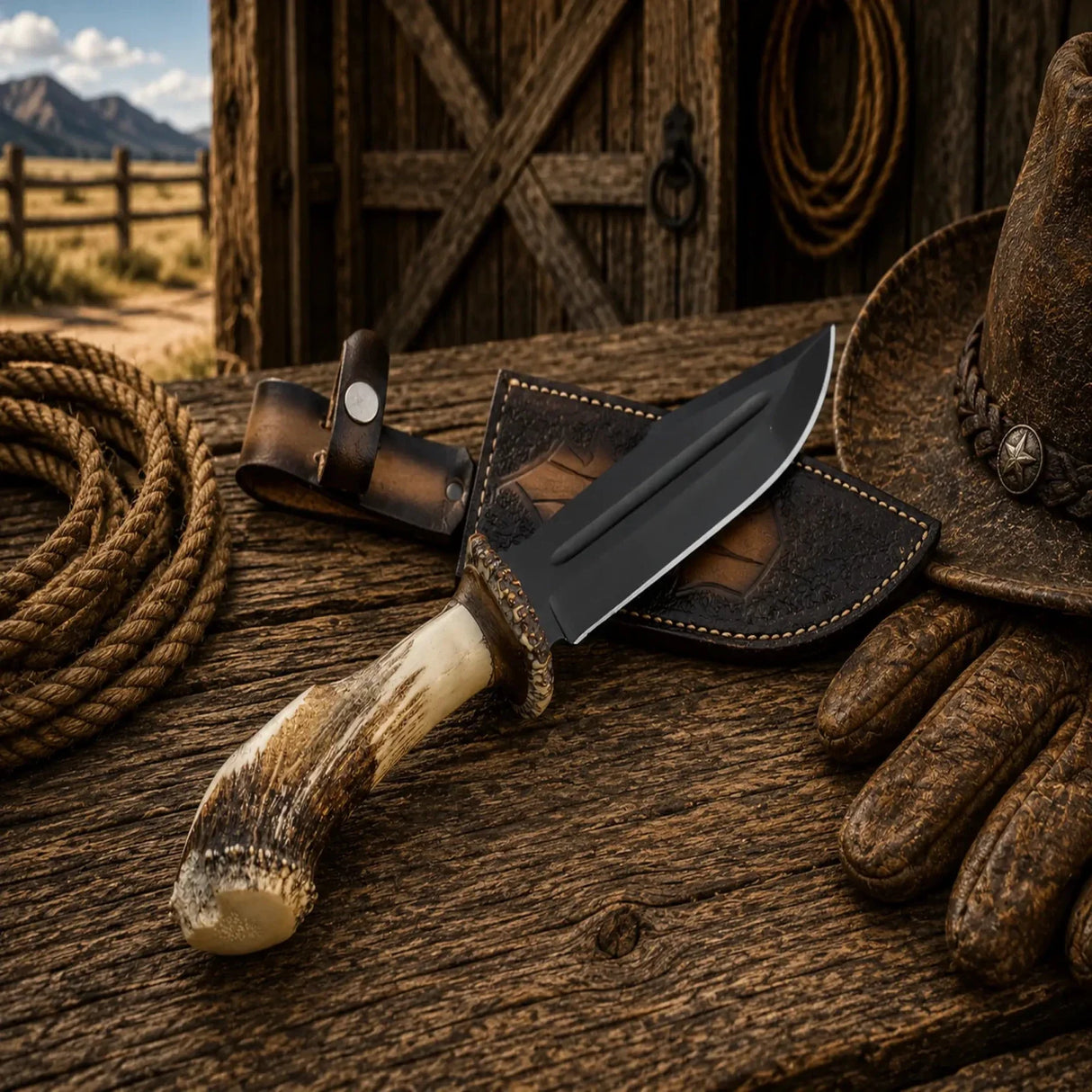 Frontier Hunter Bowie Knife – D2 Acid Etched Antler Handle