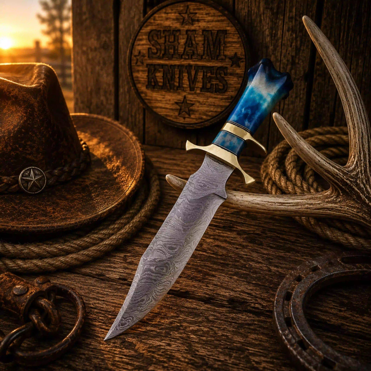 Frontier Legend Bowie Knife – Damascus, Blue Camel Bone & Sheath