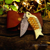 Damascus Fish Folding Knife with Bone Handle and Leather Sheath