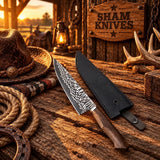 Hand Forged Copper Damascus Santoku Chef Knife Walnut Wood Handle & Copper Bolster