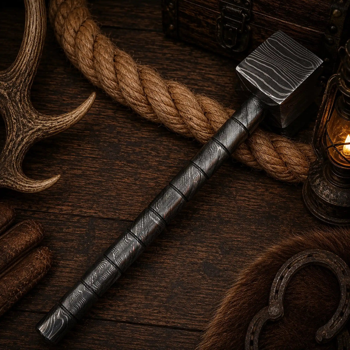 Asgard Titan Damascus Steel Hammer – Hand-Forged Collector Décor