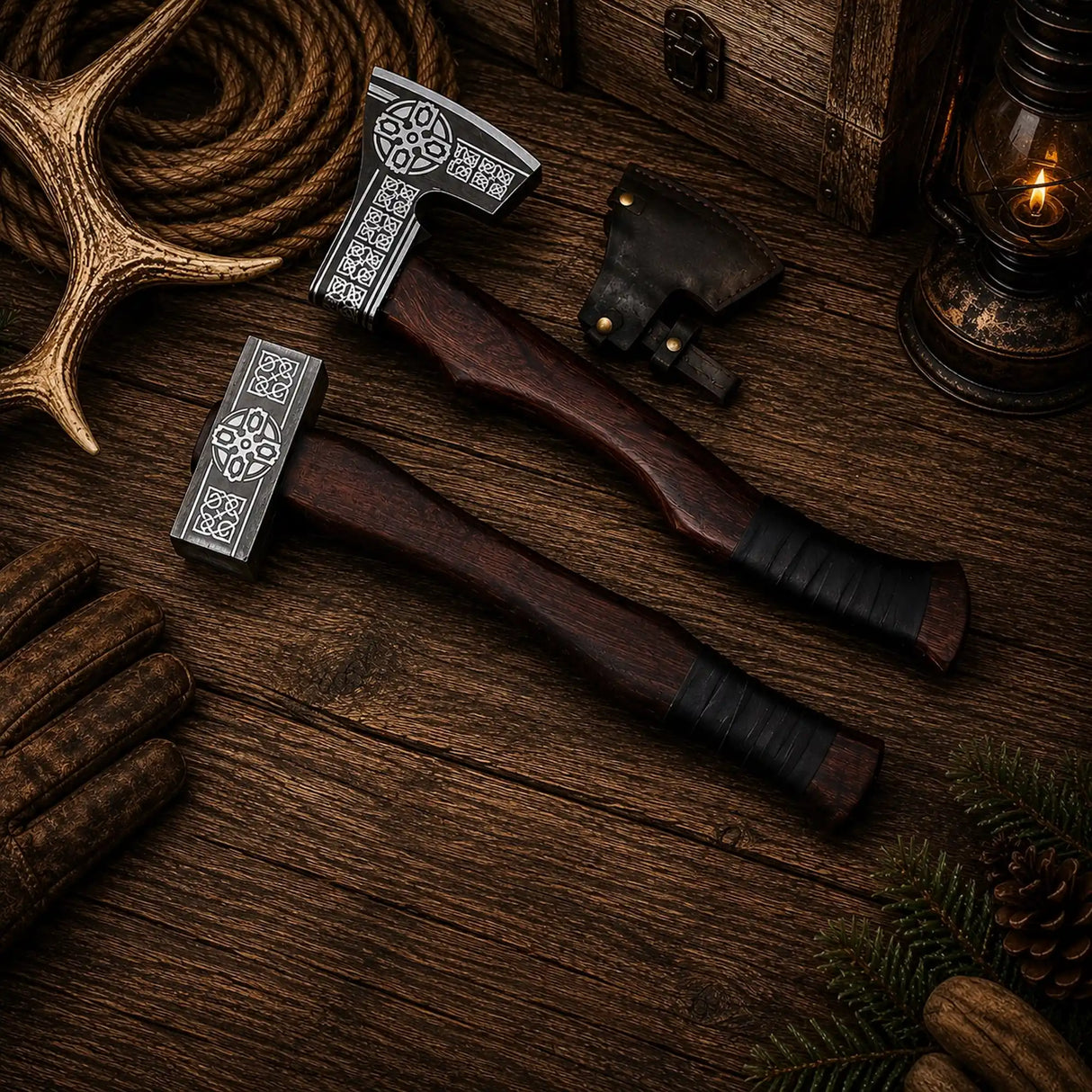 Valhalla Viking Axe & Hammer Set – 1075 Steel & Rosewood Handles