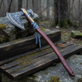 Hand Forged Viking Fantasy Double-Bit Axe with Norse Engraving, Gold Handle Fittings and Blue Gemstone Inlays