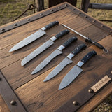 5-Piece Damascus Knife Set with Honing Rod and Black Handles