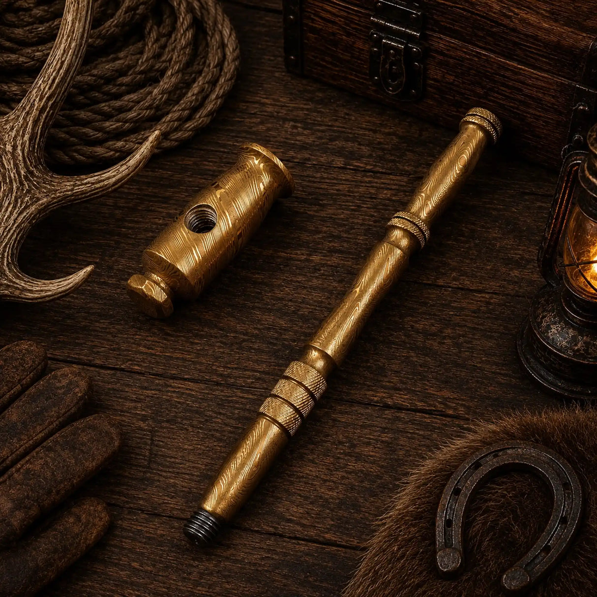 Goldenforge Damascus Steel Hammer – Handmade Desk Décor Collectible