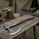 Hand Forged Viking Fantasy Double-Bit Axe with Norse Engraving, Gold Handle Fittings and Blue Gemstone Inlays