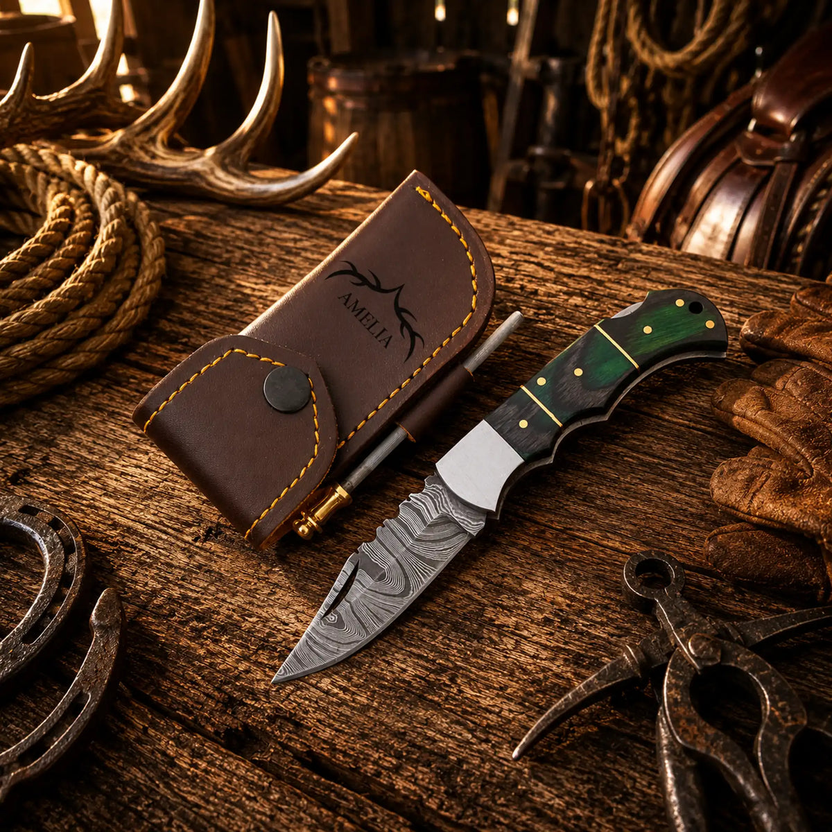 Handmade Damascus Folding Pocket Knife – Green Pakka Wood Back Lock EDC Knife