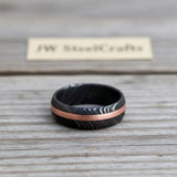 Damascus Offset Copper Inlay Ring with a Domed Dark Band