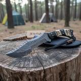 Tracker Knife Damascus Steel Multi Edge Blade With Leather Sheath