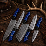 Handmade Forged Damascus Steel Chef Knife Set – Blue Epoxy Resin Handles