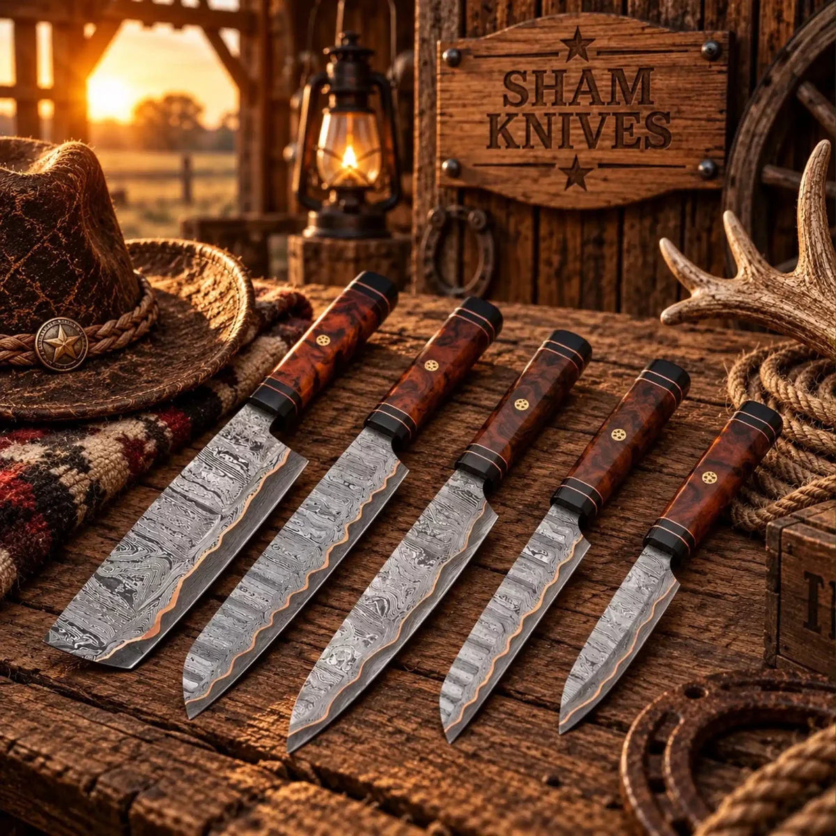 Handmade K-Tip Gyuto Style Copper Damascus Kitchen Chef Knife Set – Resin Handles
