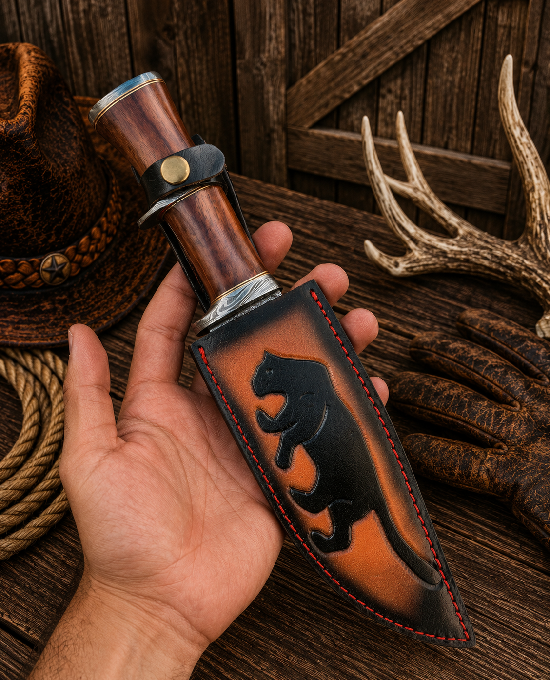 Lionheart Double Guard Bowie – Damascus, Wood, Bone & Sheath