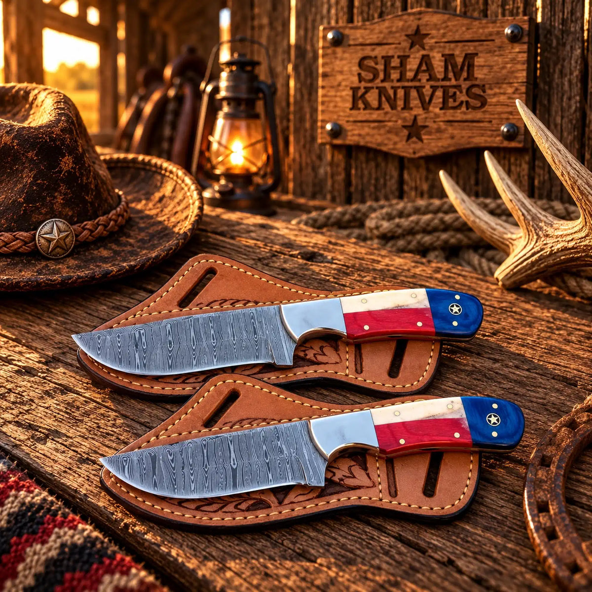High Country Damascus Steel Skinning Knife with Western Sheath