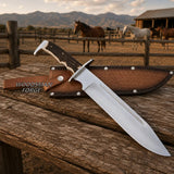 Highlandstag Handmade Bowie Knife – 18" D2 Steel, Stag Horn Handle & Steel Guard