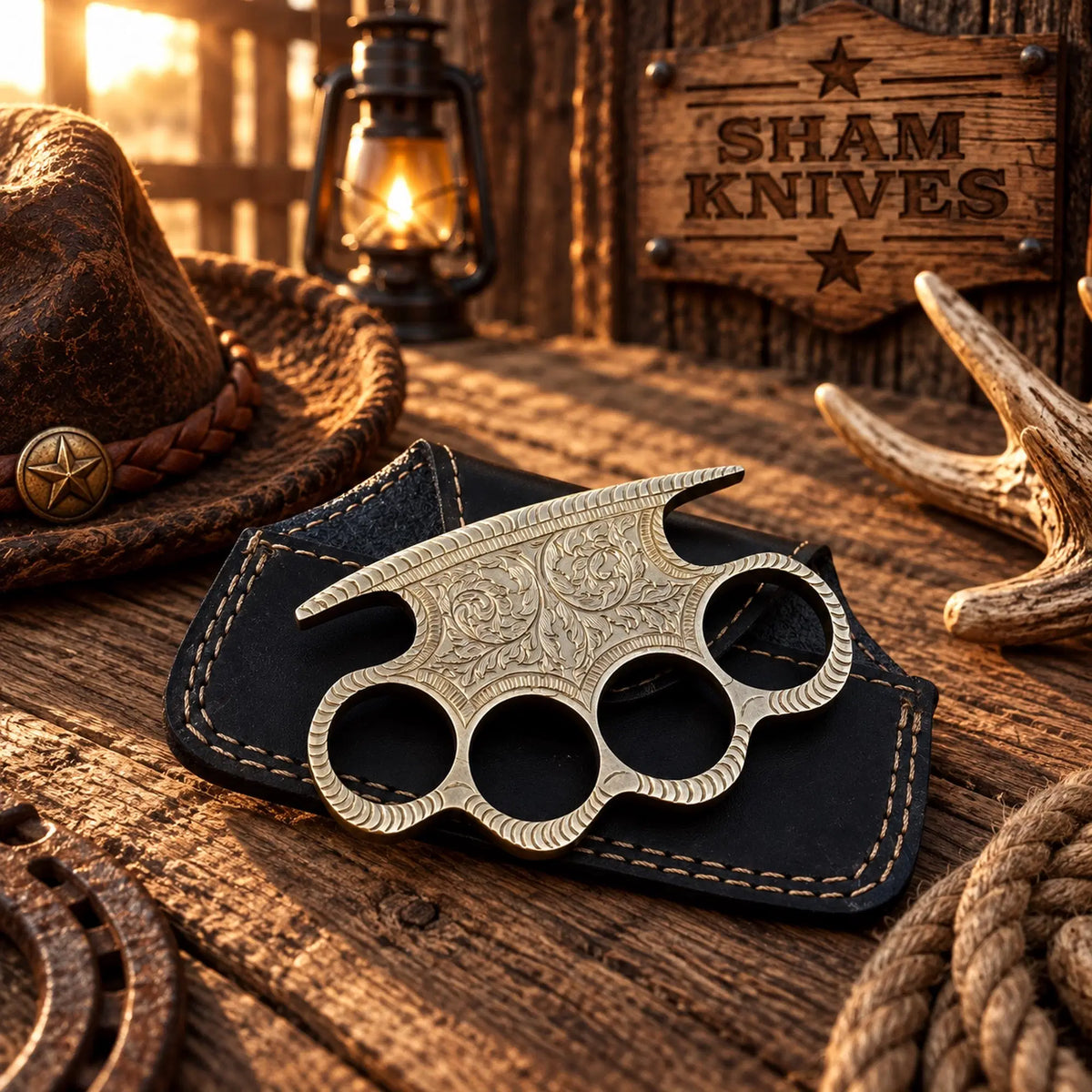 Iron Fist – Heavy Hand-Cast Engraved Brass Knuckle Display Piece with Leather Sheath