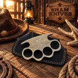 Iron Fist – Heavy Hand-Cast Engraved Brass Knuckle Display Piece with Leather Sheath