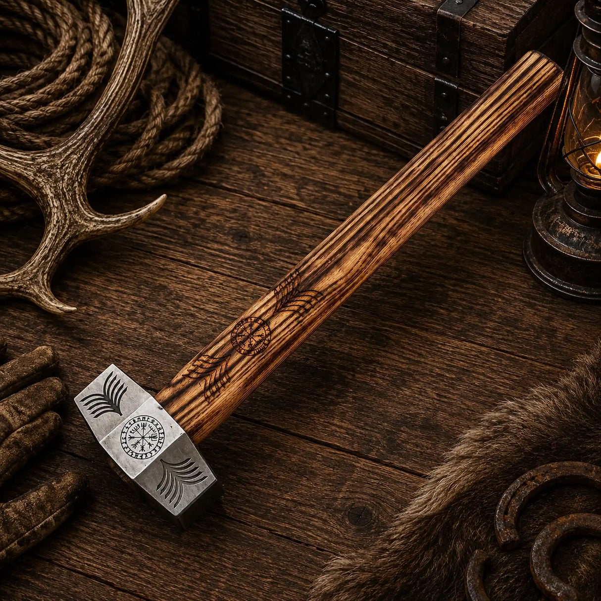Vegvísir Viking Forged Steel Hammer – Handcrafted Ash Wood Handle