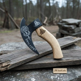 Viking Rune Engraved Bearded Axe Pizza Cutter — Carbon Steel Blade, Ash Wood Handle