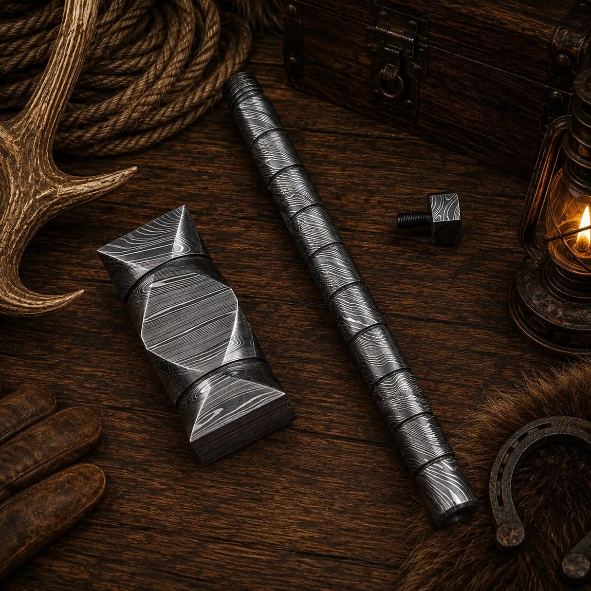 Asgard Titan Damascus Steel Hammer – Hand-Forged Collector Décor