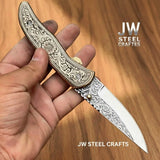 Handmade Floral Engraved Brass Folding Knife for EDC