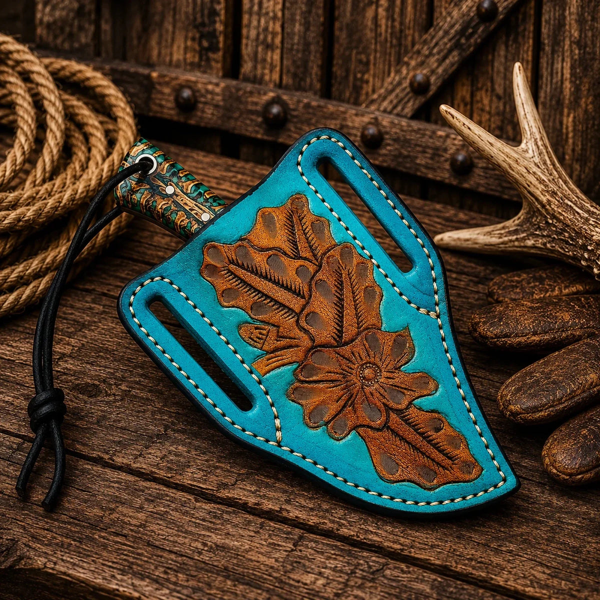 Pancake Leg Sheath Cowboy Field Knife – Rasp Steel Blade & Turquoise Pinecone Handle