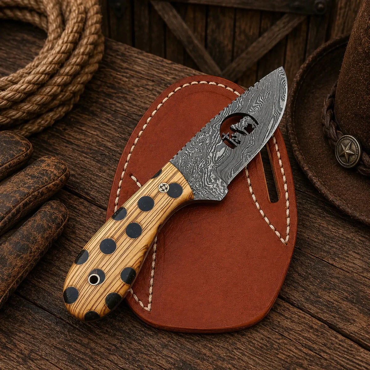 Pancake Sheath EDC Knife – Damascus Blade Cholla Cactus Handle