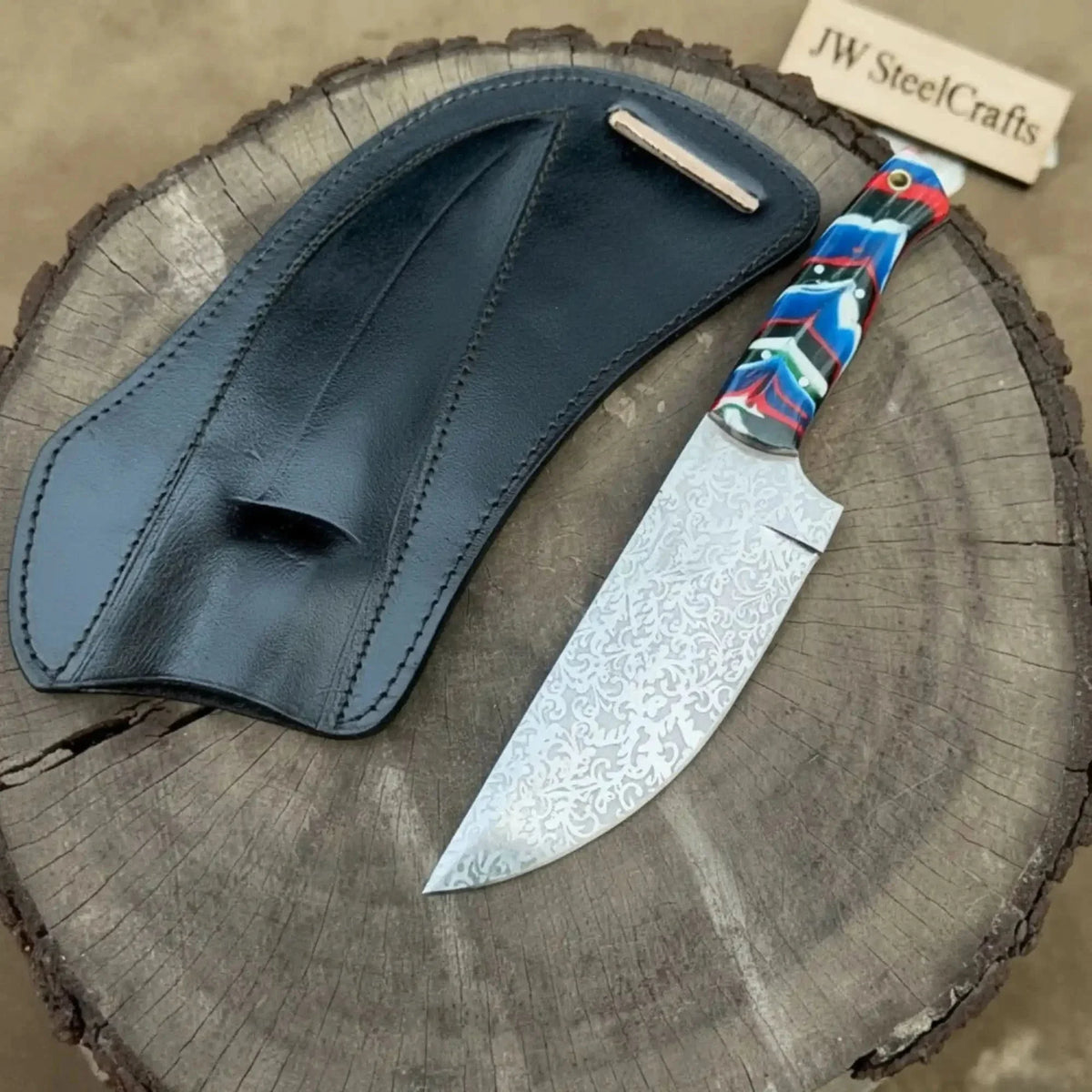 Serbian Utility Knife 9” Acid Etched Blade with Resin Handle & Leather Sheath
