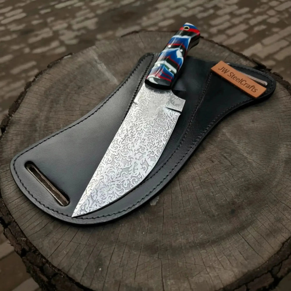 Serbian Utility Knife 9” Acid Etched Blade with Resin Handle & Leather Sheath