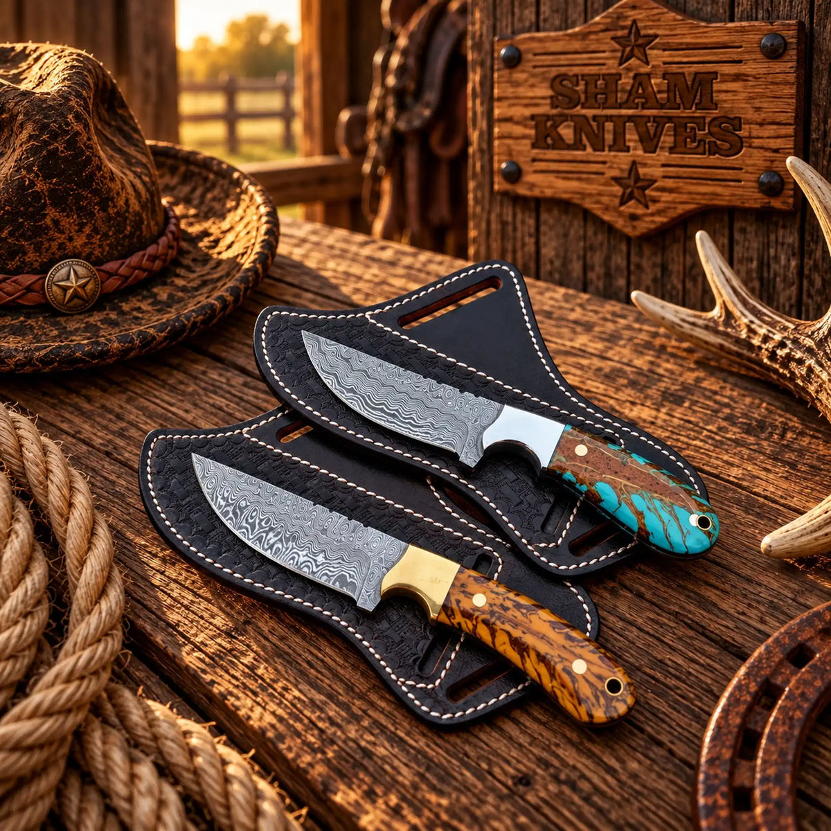 Pine Cone Cowboy Field Dressing Knife Pair – Damascus Steel Blades