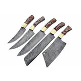 Handmade Damascus Kitchen Knife Set of 5 with Full Tang Wood Handles
