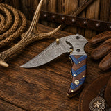 7.25" Western Cowboy Folding Pocket Knife – Damascus Steel & Compact Wood Handle