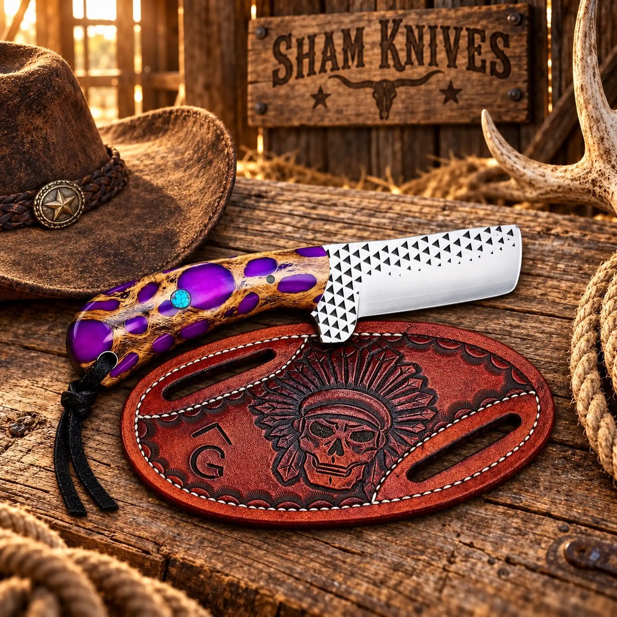 Purple Cholla Cactus Cowboy Bull Cutter – Rasp Steel & Skull pancake Sheath