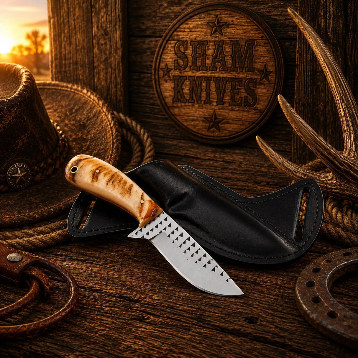 Western Field Dressing Knife – 4″ Rasp Steel & Cross-Draw Sheath
