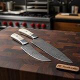 2-Piece Damascus Chef Knife Set — 10 & 8 Inch Wave Pattern Blades, White Camel Bone Handles & Steel Bolsters | JW Steel Crafts