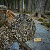 Handcrafted Viking Shield and Engraved Axe Set with Raven Motif and Norse Knotwork