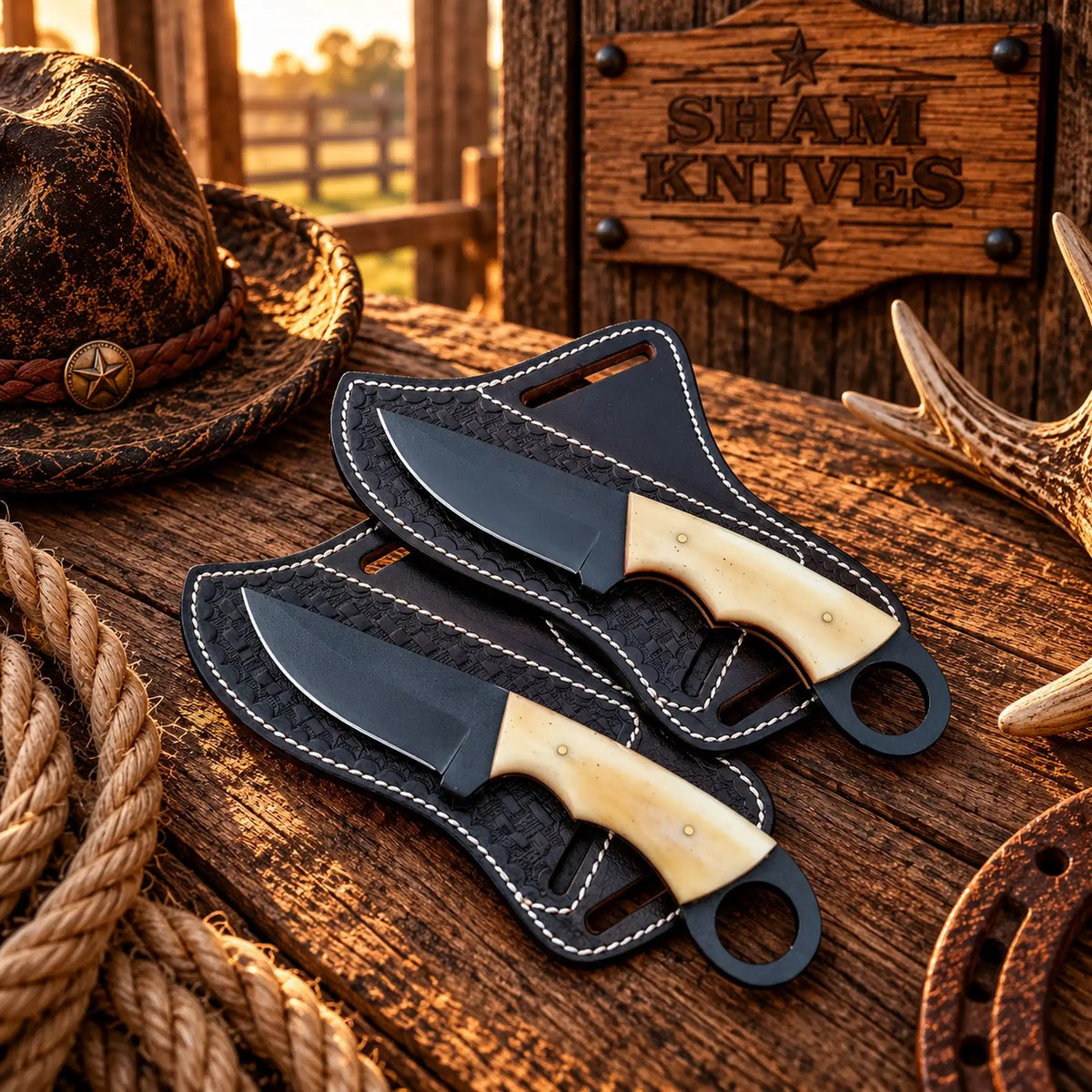 Ring Handle Cowboy Hunting Knife Pair – D2 Steel & Bone Handle