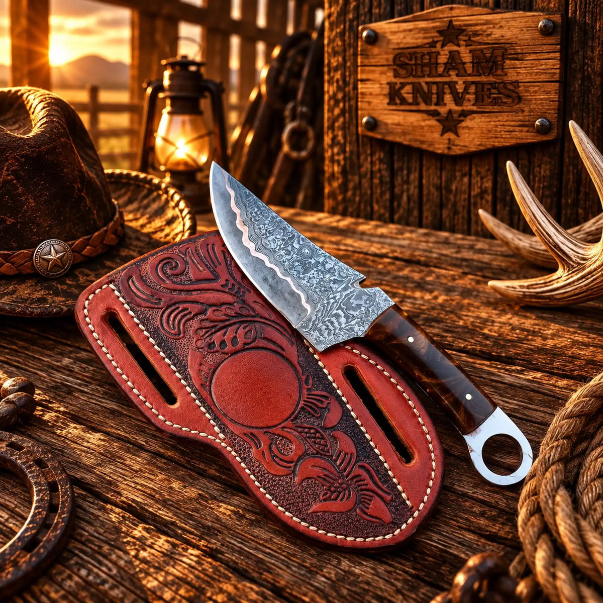 Ring-Tail Copper Damascus Skinning Knife – Resin Handle & Sheath