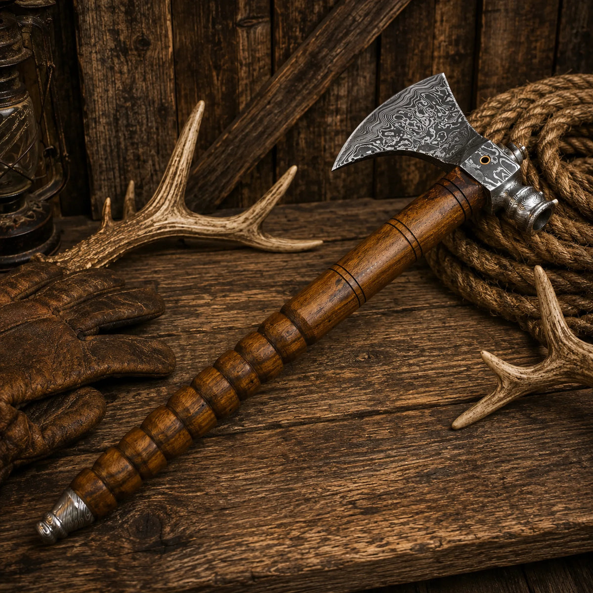 Handmade Damascus Steel Tomahawk Axe | Smokey Wood Throwing Hatchet