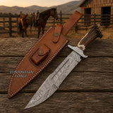 Stagwarden Stag Antler Bowie Knife – Damascus Steel & Leather Sheath