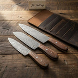 Handmade Damascus Steel Knife Set with Leather Roll, Rosewood Handle Kitchen Collection