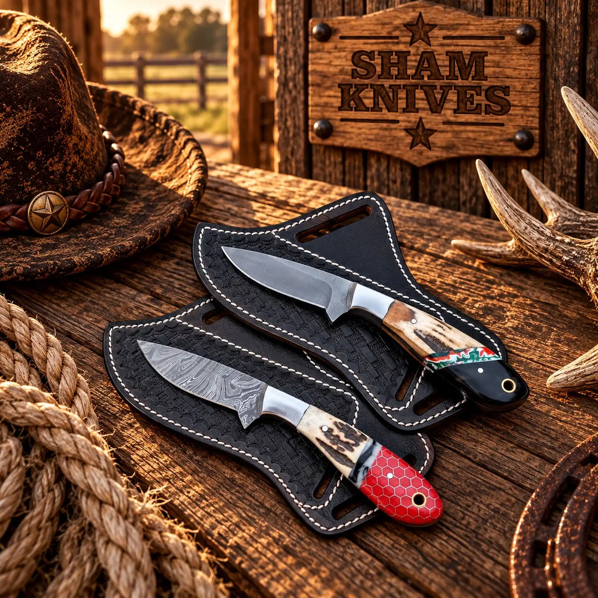 Traditional Cowboy Hunting Knife Set – D2 & Damascus Steel, Stag Handles
