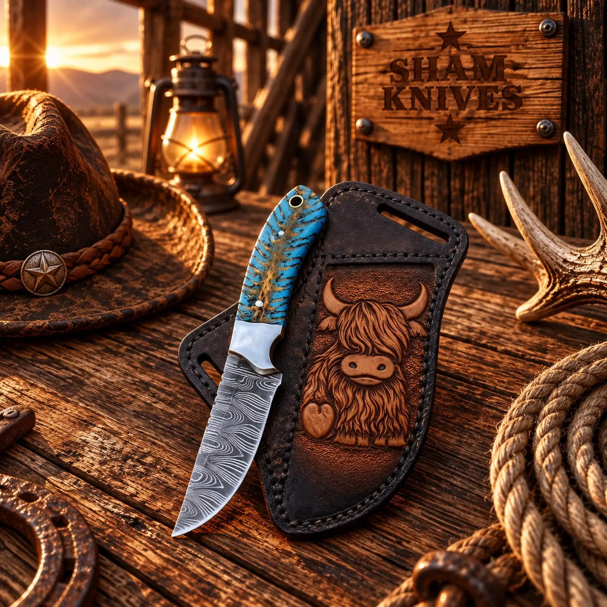 Turquoise Trail 4″ Damascus Cowboy Skinner with Side-Belt Sheath