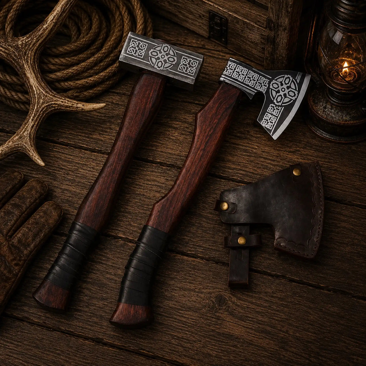 Valhalla Viking Axe & Hammer Set – 1075 Steel & Rosewood Handles