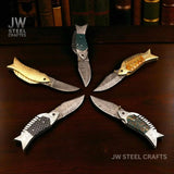 Damascus Fish Folding Knife Set with  Hand-Engraved Fish Handles
